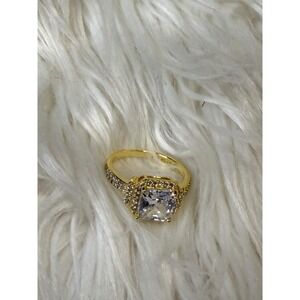 Gold Tone Radiant Cut Halo Cubic Zirconia Ring Size 5.5 Pavé Band Cocktail Ring